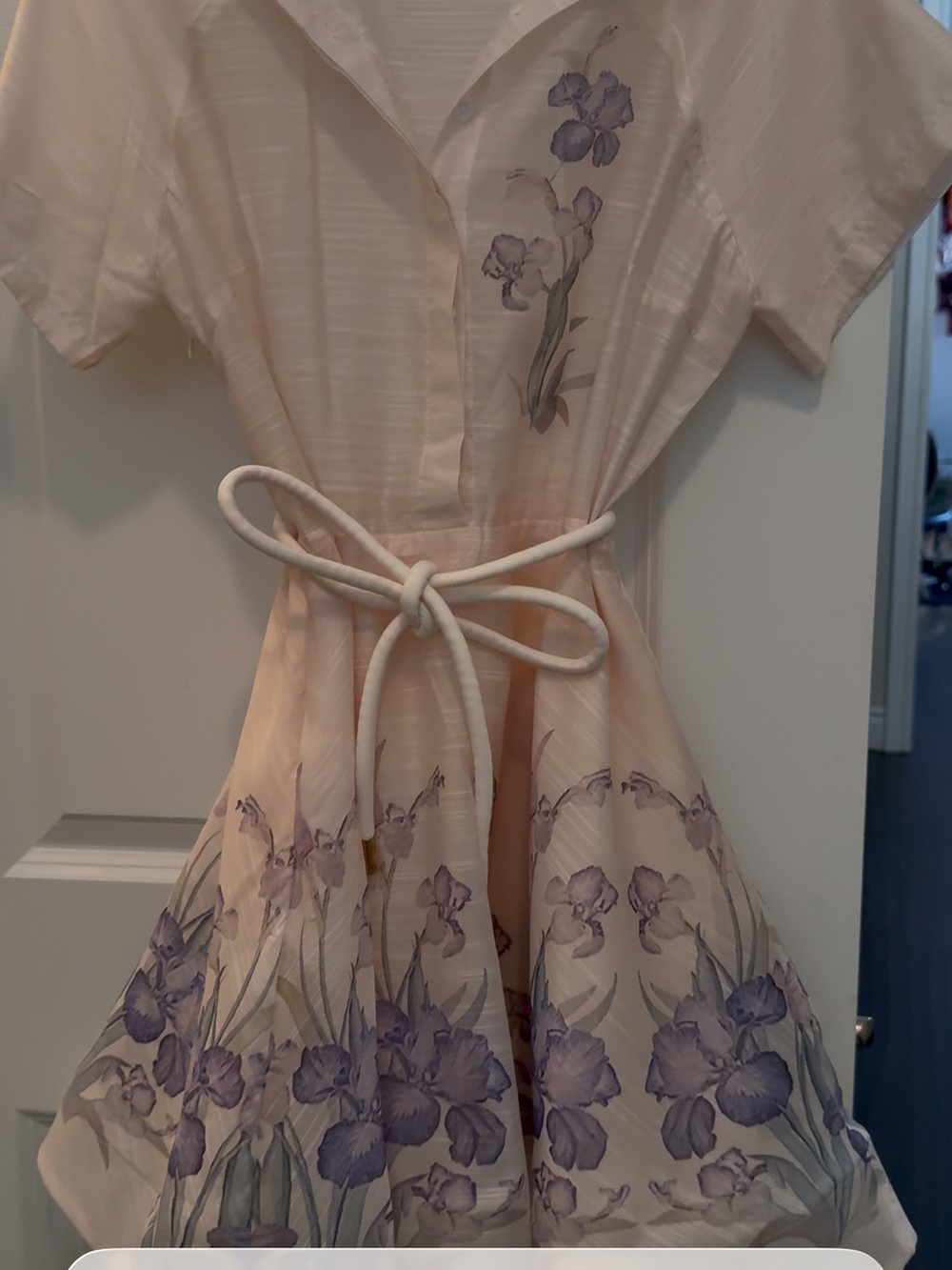 Girls Cream Floral Belted Dress with Purple Iris Print